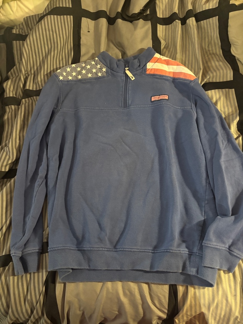 Vineyard Vines Blue Quarter-Zip Sweater with American Flag Shoulder Accents